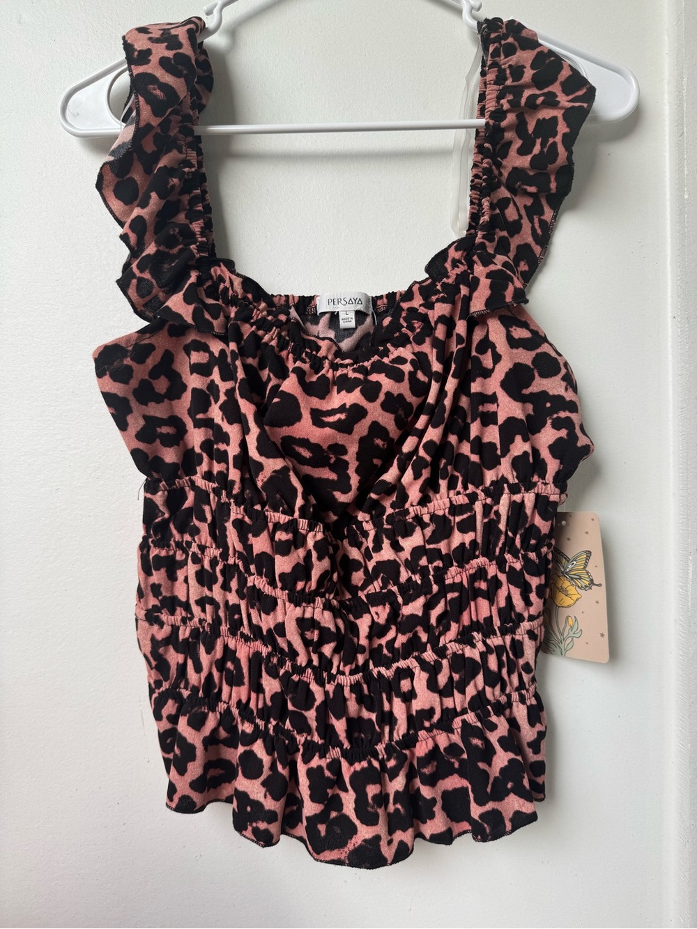 Persaya Black & Pink Leopard Smocked Ruffle Strap Tank